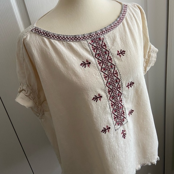 Zara Basic Cream Top Sz Sm Fringe Red Embroidery - Picture 4 of 6